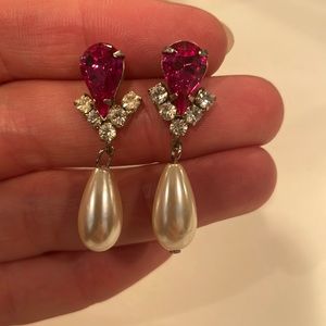 Pink rhinestone and pearl drop earrings
